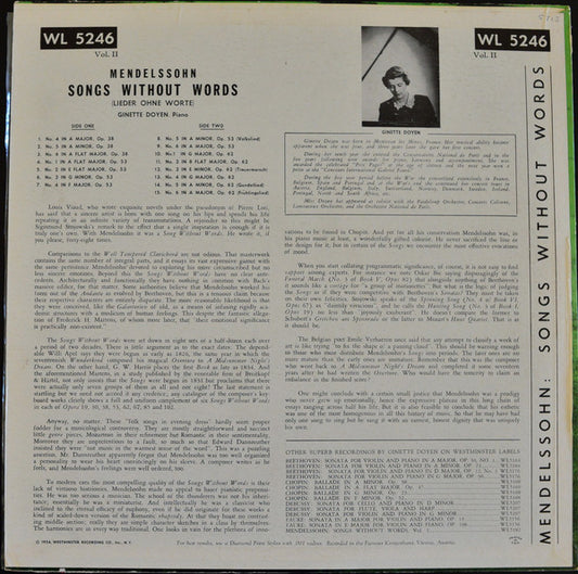 Felix Mendelssohn-Bartholdy, Ginette Doyen : Songs Without Words (Vol. II) (LP, Mono)