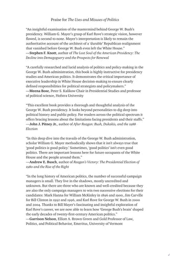 The Uses and Misuses of Politics: Karl Rove and the Bush Presidency