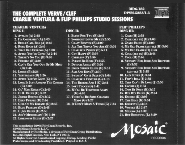 Charlie Ventura & Flip Phillips : The Complete Verve/Clef Charlie Ventura & Flip Phillips Studio Sessions (6xCD, Comp + Box, Ltd, Num)