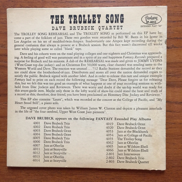 The Dave Brubeck Quartet : The Trolley Song (7", EP, Tra)